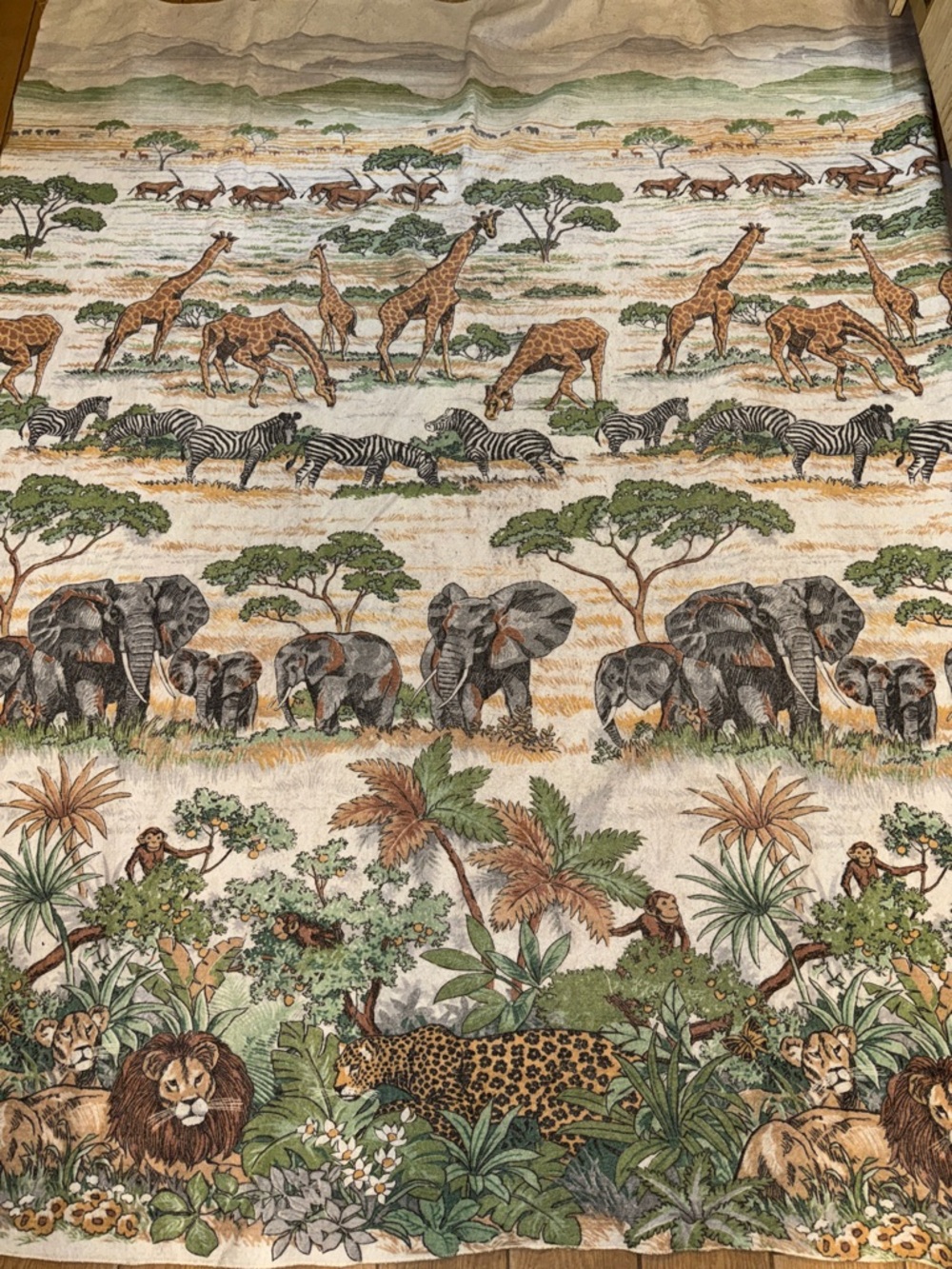 Vintage (1980’s) Safari Animal Print Blanket Fabric Jungle Scene 84” x 84”